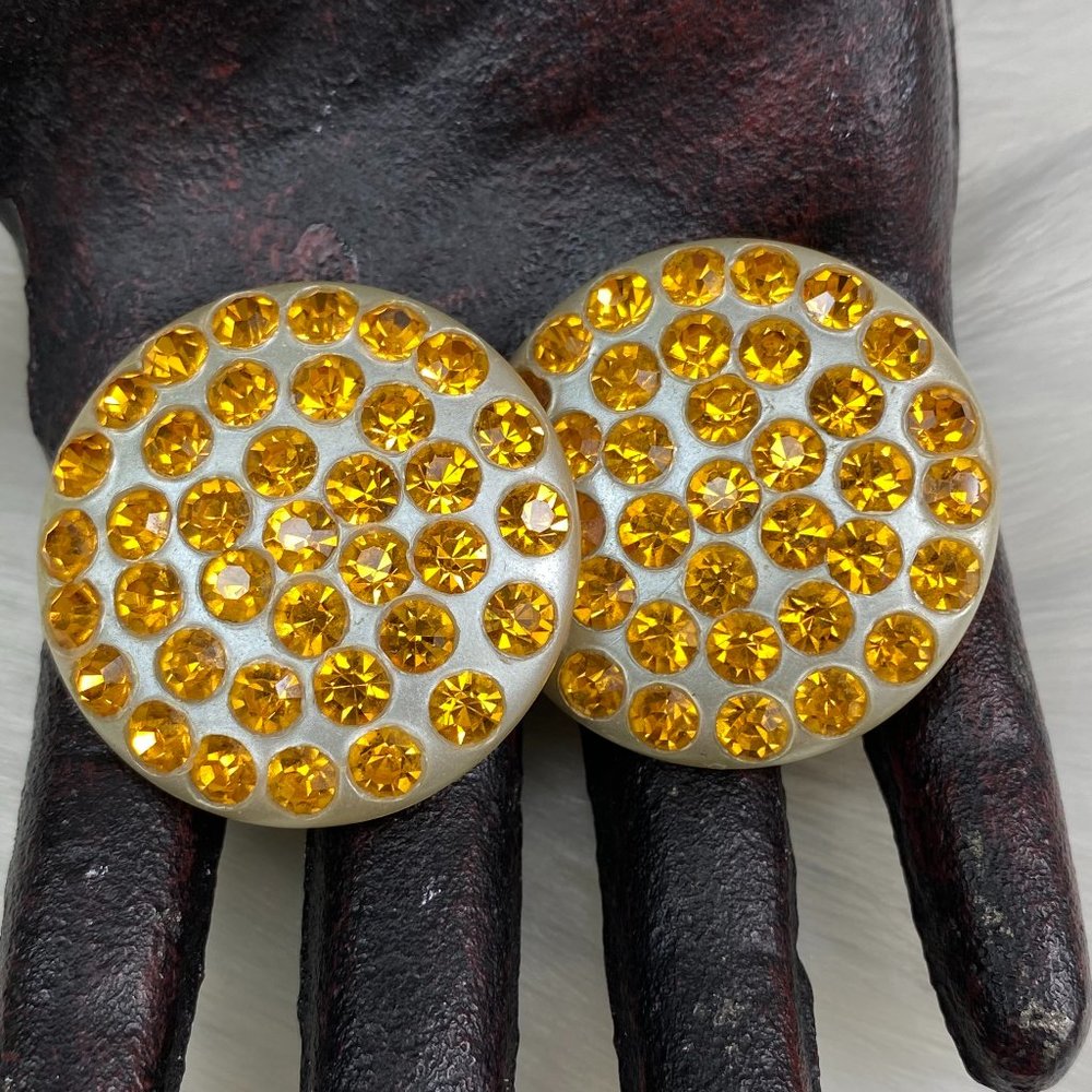 Vintage Amber Rhinestone Plastic Clip-On Earrings 1.25"